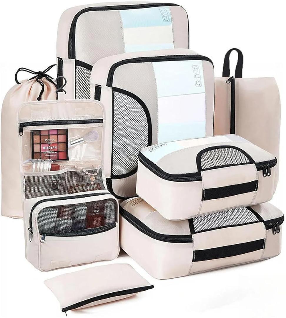 Cross-Border 8 Pieces Travel Storage Bags, Luggage Storage Bags, Luggage Travel Accessories, Luggage Bags, Packaging Storage Bags (Wash Beige 8-piece Set)