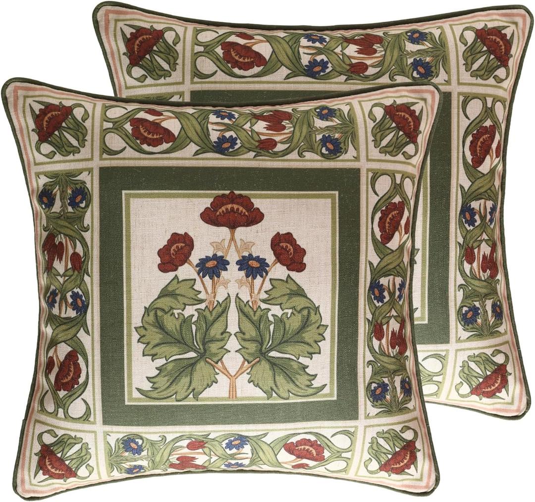 ISAENNE Design Linen Square Throw Pillow Covers 18"x18" Pack of 2, Yellow Green French Cushion Covers with Red Rose Floral Pattern Decoration Pillowcases for Bed, Living Room, Outdoor, Car