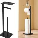Freestanding Toilet Paper Holder Stand – Stainless Steel Bathroom Tissue Holder with Storage Tray & Roll Organizer, Square Design (Matte Black)