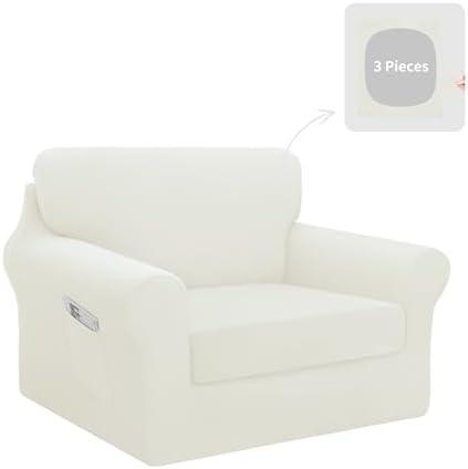Easy-Going 3 Pieces Stretch Chair Cover Washable Chair Slipcover Set for 1 Backrest and Seat Cushion Couch Anti-Slip Sofa Couch Cover Furniture Protector with Elastic Bottom (Small, Ivory)