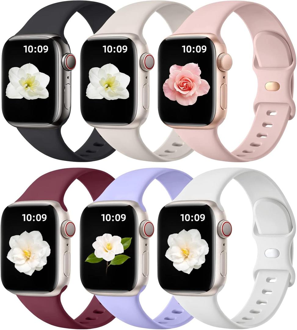 Maledan 6 Pack Bands Compatible for Apple Watch Band 38mm 40mm 41mm 42mm 44mm 45mm 46mm 49mm Women Men, Soft Silicone Sport Band Strap for iWatch Apple Watch Series 11 10 9 8 7 6 5 4 3 2 1 SE Ultra (White/ Black/ Starlight/ Pind Sand/ Digital Lavender/ Wine Red)
