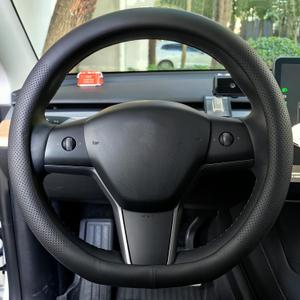 XHRING D-Shaped Car Steering Wheel Cover for Tesla Model Y Model 3 2016-2025 2026 Juniper/Highland Accessories, Non-Slip Leather Steering Wheel Protector for Model 3/Y, Black