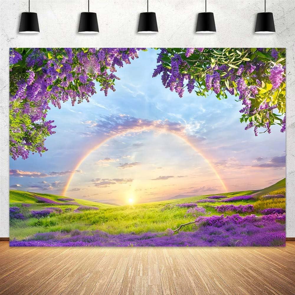 10 X 8 ft Lavender Flower Field Backdrop Photography backdrops Purple Flower Lavender Green Grass Lilac Flowers Sunset Sky Rainbow Party Background Photography Studio Backdrop