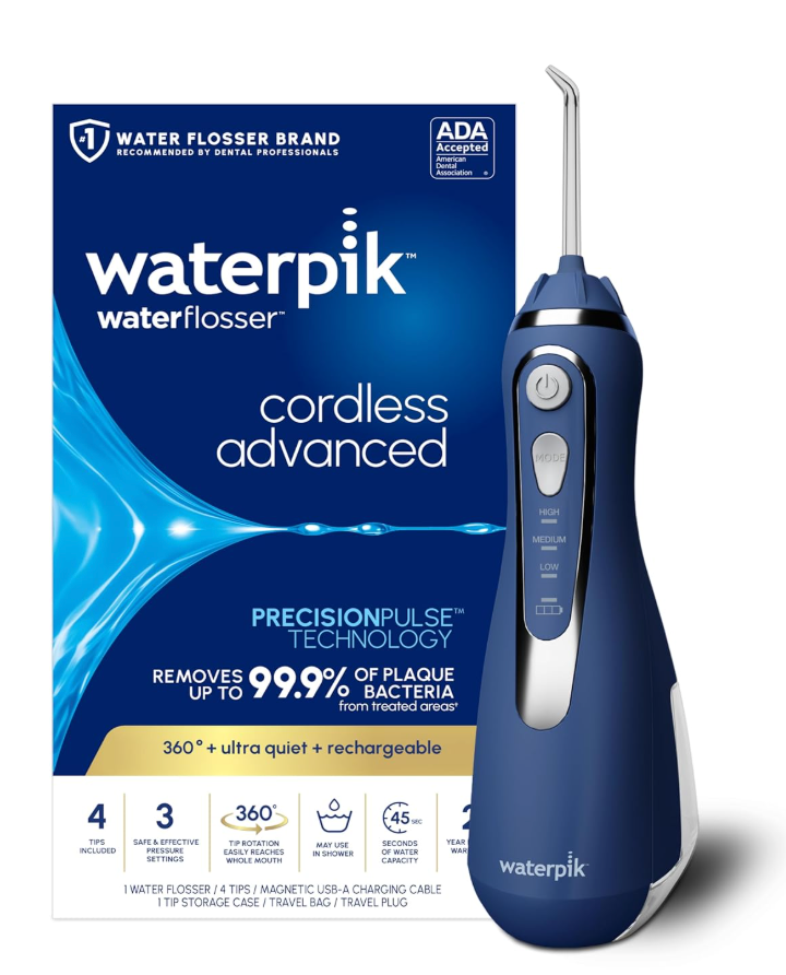 Waterpik Cordless Advanced 2.0 Water Flosser For Teeth, Gums, Braces, Dental Care With Travel Bag and 4 Tips, ADA Accepted, Rechargeable, Portable, and Waterproof, Blue WP583