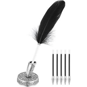 PATIKIL Black Feather Ballpoint Pens Bulk, Metal Holder Black Ink Vintage Quill Writing Pens with 5Pcs Refill for Office, Wedding Signature, Silver