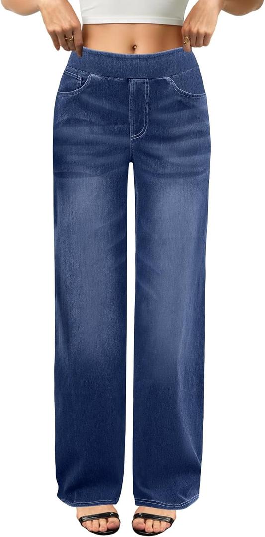 COPYLEAF Wide Leg Jeans Woman High Waisted Stretchy Baggy Sweatpant Jeans Pull On Straight Leg Loose Trendy Denim Pants (Blue, L)