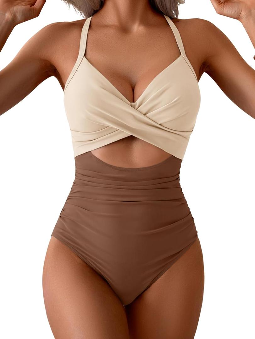 Eomenie Women's One Piece Swimsuits Tummy Control Cutout High Waisted Bathing Suit Wrap Tie Back 1 Piece Swimsuit (Large, Beige Brown)