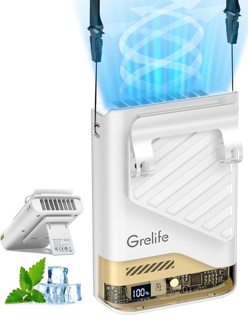Grelife AI Portable Fan with LED Display & 40H Runtime,5-Speed 10000RPM Cooling Personal Waist Handheld Fan Rechargeable,33ft/s Wind Speed for Outdoor,Camping,Farm,Jobsite (Elegant White)