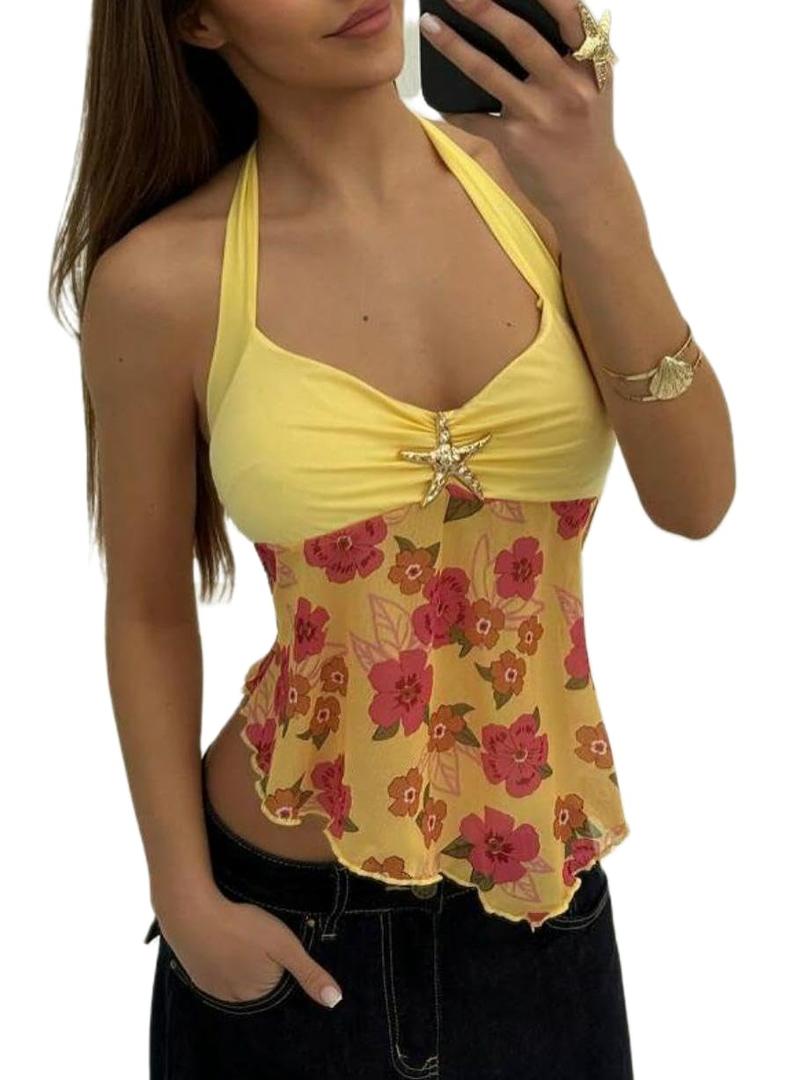Women Y2k Lace Halter Tank Top Sexy Tie Back Cami Top See Through Backless Camisole Going Out Streetwear(B02 Yellow,s) (Yellow, S)