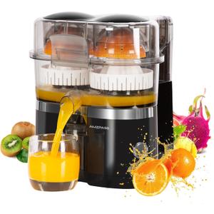 Dual-Head Electric Citrus Juicer, Lemon Squeezer with Power Cord and Cleaning Brush, 1-Button Automatic Juicer Machine for Orange, Lemon, Lime, Easy to Clean & Use, Built-in Cutter(Black)