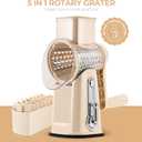 SUSTEAS Rotary Cheese Grater with Handle - Vegetable Shredder with 5 Well-designed Blades & Strong Suction Base,Round Mandoline Slicer & Food Chopper for Kitchen,with Blade Storage Box(Beige)