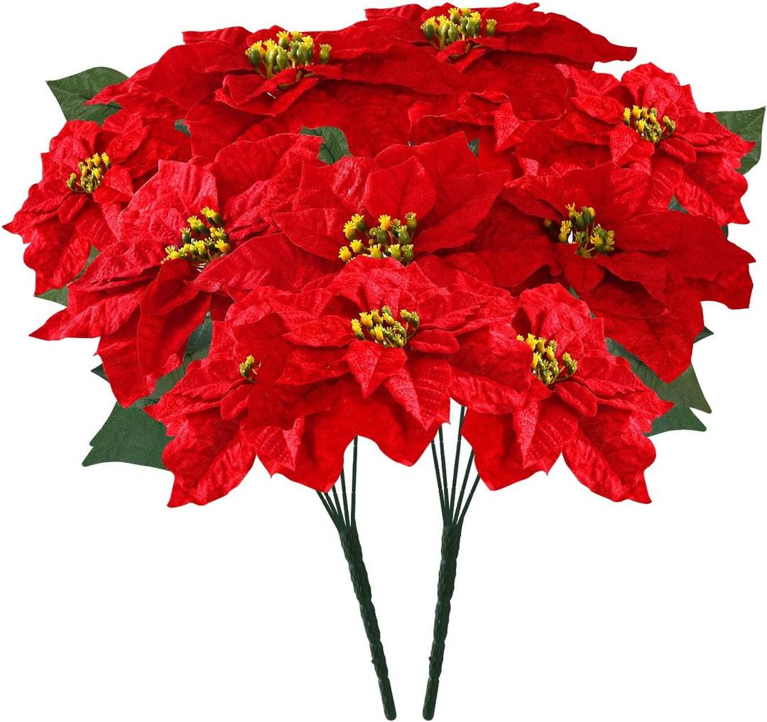 Poinsettias Artificial Christmas Flowers Bouquet 2 Pack Large Red Poinsettia Flowers for Indoor Outdoor Xmas Tree Ornament Porch Home Garden Decorations (Flower Head-9.8inch)