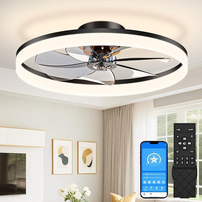 VOLISUN Low Profile Ceiling Fans with Lights and Remote, 27.6in Fandelier Ceiling Fan Flush Mount, 3000K-6500K Smart Bladeless LED Fan Light, Black Modern Ceiling Fans with Lights for Bedroom