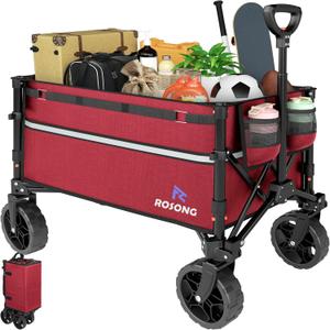 Collapsible Wagon Cart with Wheels Foldable - Folding Utility Heavy Duty Wagons Carts for Grocery Sports Garden Shopping Camping Wheelbarrows, Burgundy (120L)