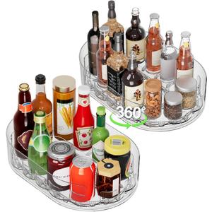 Lazy Susan Organizer for Refrigerator, 13.5'' x 8.5'' Clear Rectangular Turntable Fridge Organizer for Condiments in Refrigerator, Cabinet, Pantry, or Kitchen Countertop (2 Pack)