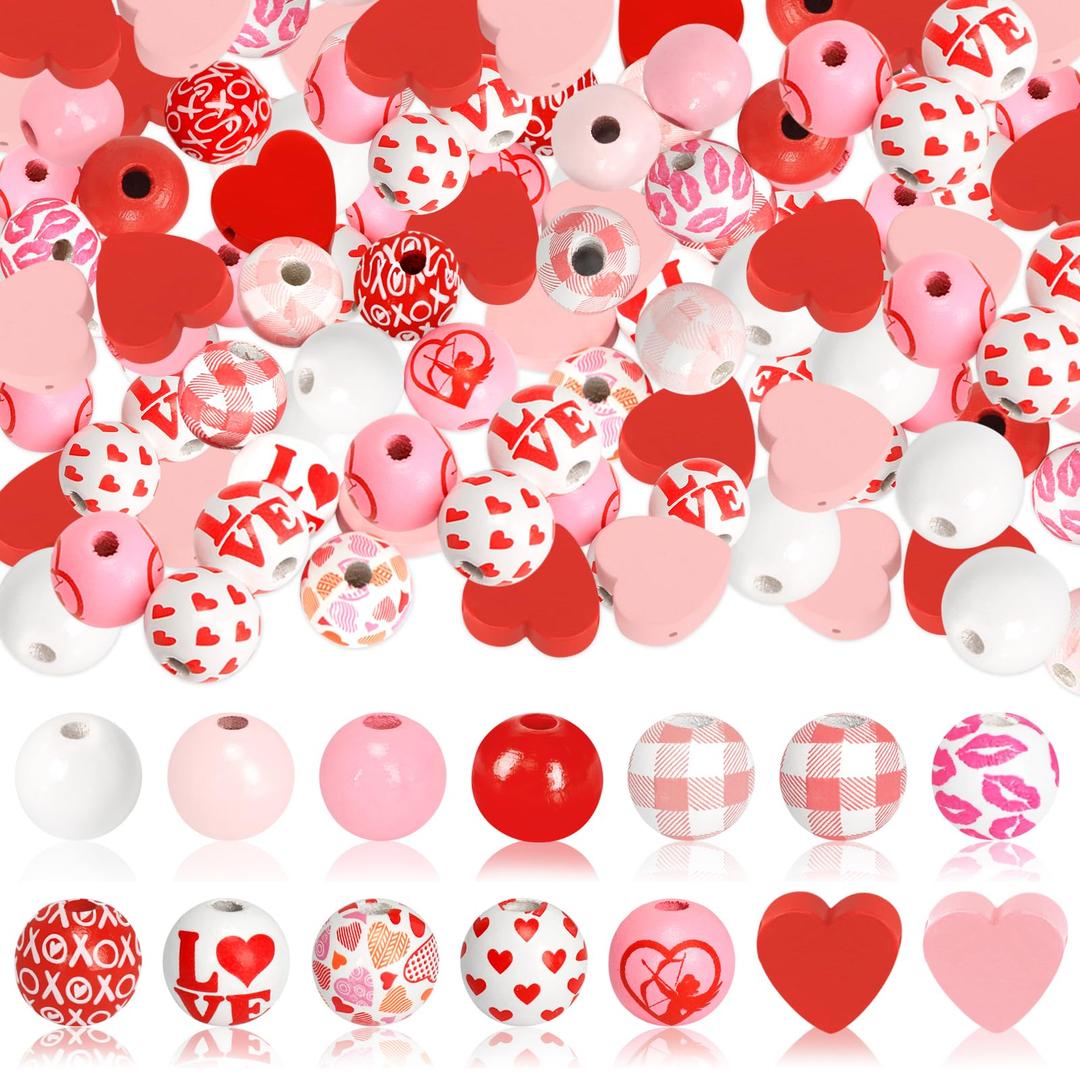 180Pcs Valentine's Day Wood Beads, Wood Hearts Beads Colorful Plaid Wooden Round Beads Valentine's Day Craft Beads Farmhouse Rustic Beads for Valentine's Day DIY Craft Garland Jewelry Making