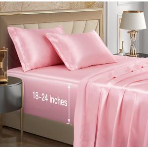VACVELT 4pcs Extra Deep Pocket Satin Sheets Full Size Bed Set, Pink Satin Sheet Set Fit 18-24 Inch Deep Pocket Mattress, Silky & Luxury Satin Bedding Set Soft & Ultra Deep Fitted Sheet Set