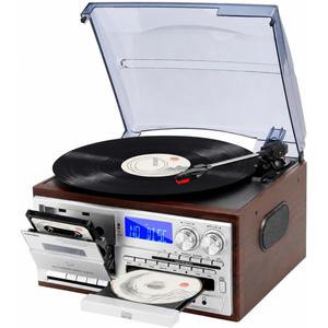 Record Player for Home with Bluetooth Receiver & Transmitter, 9-in-1 Vintage Turntable System, 3-Speed Vinyl, CD/Cassette, USB/SD, AM/FM Radio, Built-in Speakers, RCA Line Out & Remote Control