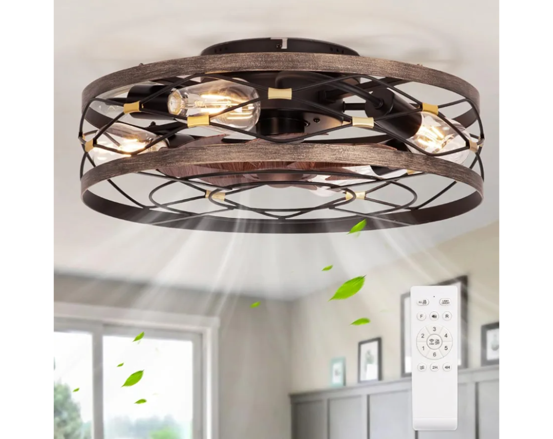 Small Fandelier Caged Ceiling Fan with Light, Farmhouse Low Profile Flush Mount Ceiling Fans with Lights and Remote, Rustic Bladeless Ceiling Fan with Light for Kitchen, Bedroom, Living Room