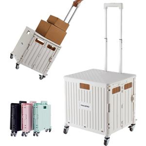 Foldable Utility Cart Folding Portable Rolling Crate Handcart with Durable Heavy Duty Plastic Telescoping Handle Collapsible 4 Rotate Wheels for Travel, Shopping, Luggage, Office, Teacher(White)