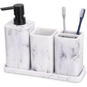 ZCCZ Bathroom Accessory Sets, 4 Pieces Bathroom Accessories Complete Set Vanity Countertop Accessory Set with Marble Look, Includes Lotion Dispenser Soap Pump, Tumbler, Toothbrush Holder and Tray (White Marble Look)