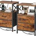 Huuger Nightstands Set of 2, Night Stand with Charger Station, 2 Drawer Side Table with Open Shelf, USB-C Port, End Table for Small Spaces, X Shaped Side Rail, Rustic Brown