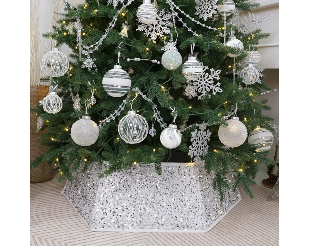 White Christmas Tree Collar with Sparkling Sequins,Christmas Tree Collars for Atificial Trees, 33.5 Inch Christmas Tree Skirt, Xmas Tree Stand Base Cover,Holiday Home Decor Tree Ring(Large)