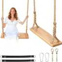 Hanging Wooden Swing, Seat 23.6"x 6.29" 1.21", for Adults and Kids Outdoor, Adjustable Hemp Rope Plus Tree Straps 80 inch, Kids with 800lbs Load, Indoor Swing Set