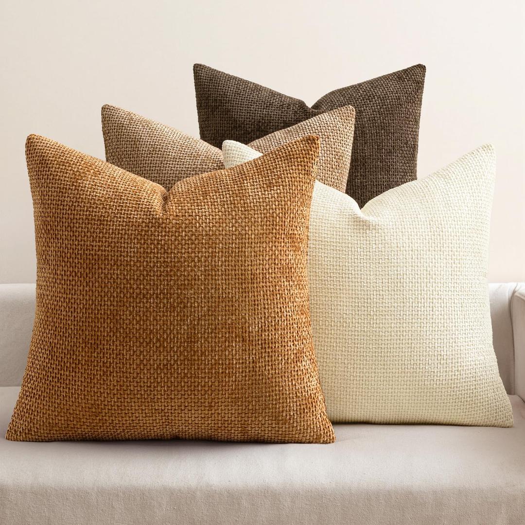 MIULEE Pack of 4 Brown Couch Throw Pillow Covers 18x18 Inch Soft Fall Decorative Chenille Pillows Farmhouse Accent Cushions for Boho Home Decor Spring Sofa Bedroom Living Room