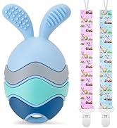 Easter Egg Bunny Baby Teether, Baby Teething Toy for Easter Basket Stuffers, Rabbit Egg Rattle Toy Teething for Infant Boys & Girls Baby Egg Teether Blue, 3 Months +
