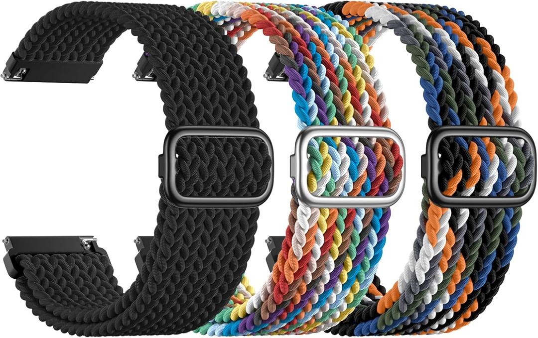 SNBLK 3 Pack 20mm Braided Watch Band Compatible with Garmin Vivoactive 5 Watch Bands/Vivoactive 6/3/4s, Quick Release Adjustable Elastic Nylon Loop Strap for Venu 3S/2S/Venu 3/2 Women Men