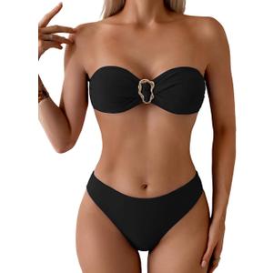 Tainehs Women's Strapless Bikini Sets Tube Top Bandeau Swimsuit Tie Back Mid Rise Two Piece Bathing Suits (Medium, Black)