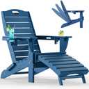 Folding Adirondack Chair with Retractable Ottoman Fire Pit Patio Chair with Pull Out Foot Rest Weather Resistant Lawn Outdoor Lounge Chair with 2 Cup Holder (Navy Blue)