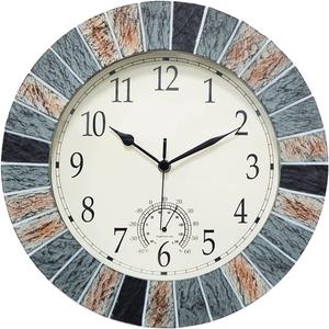 UMEXUS Outdoor Clock with Thermometer, 13 Inch Retro Large Waterproof Wall Clocks Indoor Silent Non-Ticking Battery Operated Weatherproof Decor for Garden Kitchen Bathroom Mother Gift (Marble Brown)