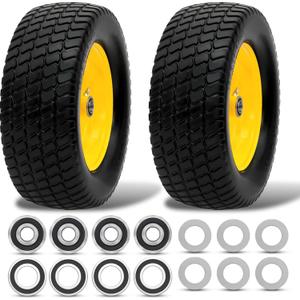 15x6.00-6 Flat Free Lawn Mower Tire and Wheel, 15x6.00-6nhs Front Tire Assembly Compatible With John Deere Husqvarna Riding Mowers, 3" Centered Hub, 3/4" & 5/8" & 1" Bushing(2 Pack)