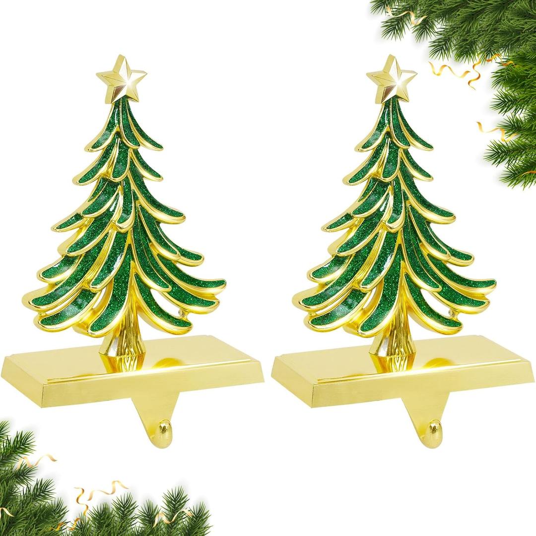 Christmas Stocking Holders for Mantle Set of 2 Green Xmas Tree Stocking Hangers Sturdy Hooks with Gold Non-Slip Base for Fireplace Christmas Gifts Holiday Party Decoration