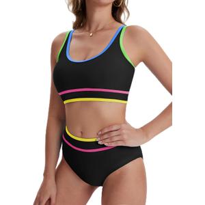 karrack Womens High Waisted Bikini Sets Sporty Two Piece Swimsuits Color Block Cheeky High Cut Bathing Suits (XL)