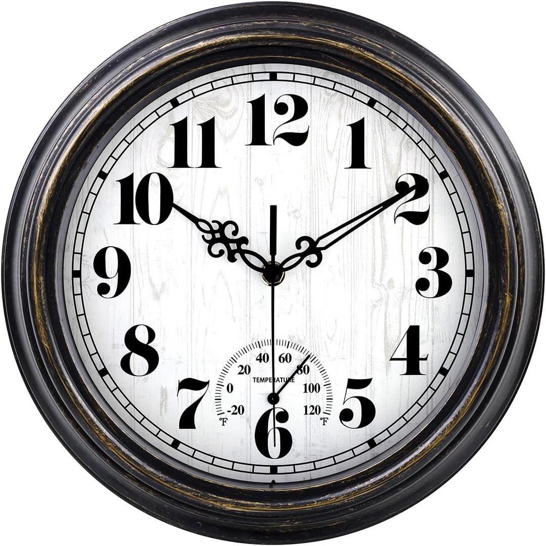 zyzamay 12 Inch Indoor Outdoor Clocks,Waterproof Wall Clock with Thermometer,Easy to Read,Non-Ticking Battery Operated Quality Quartz Clock, Decorative for Patio,Porch,Pool,Bathroom(BlackGold)