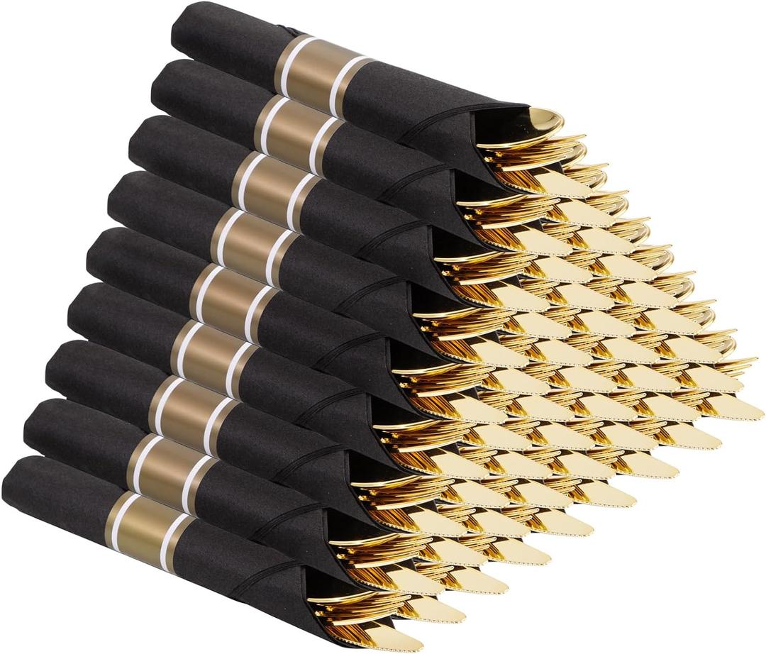 Supernal 60 Pack Gold Silverware, Rolled, Pre Wrapped with Black Napkins, Heavy Duty Plastic Cutlery, Forks and Spoons (Black/Gold)