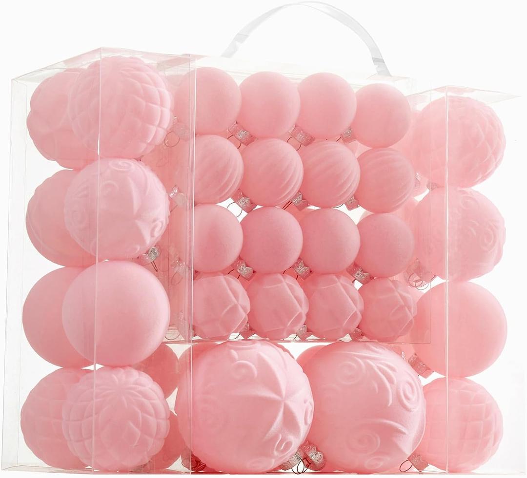 Velvet Christmas Ball Ornaments - 46pcs Flocked Christmas Tree Decorations Set Assorted Shatterproof Hanging Ornaments with Loop for Xmas Holiday Home Decor, 3 Sizes (Pink)