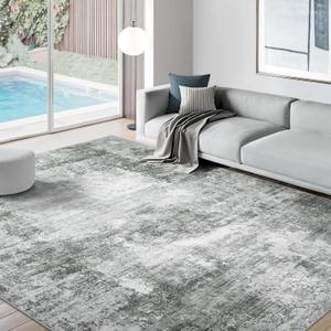 Washable Abstract Area Rug 9x12 - Contemporary Style Large Soft Living Room Bedroom Rugs Stain Resistant Non-Shedding Low Pile Accent Carpet for Indoor Dining Room Home Studio Office - Black/Grey