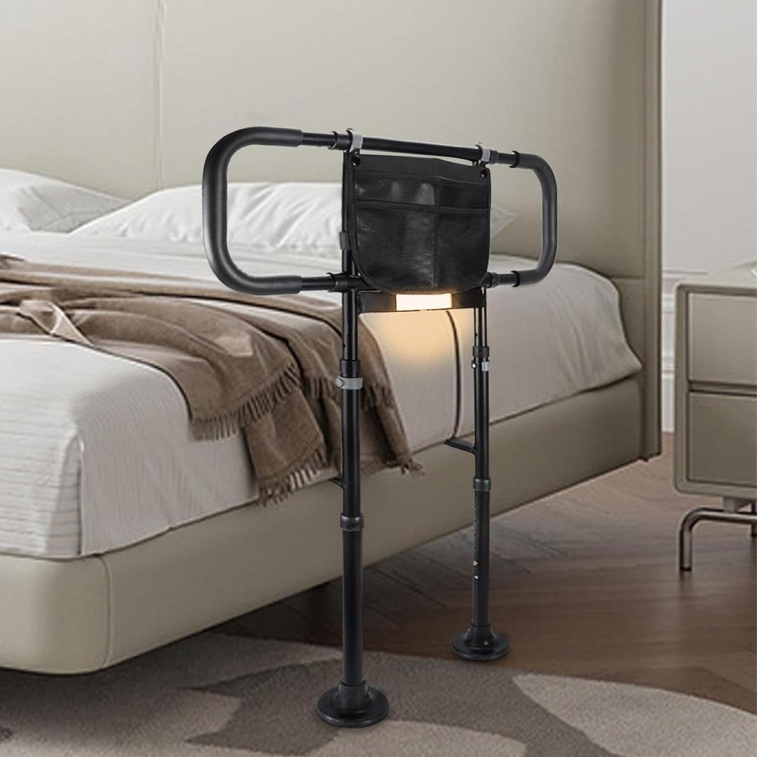 Bed Rails for Elderly Adults Safety: Adjustable Heights Bed Cane with Storage Pocket, Non-Slip Handle, Motion Sensor Light, Bedrails for Elderly Adults Grab Bar Bed Handrails, Can Withstand 400LB (Upgraded Model, Black)