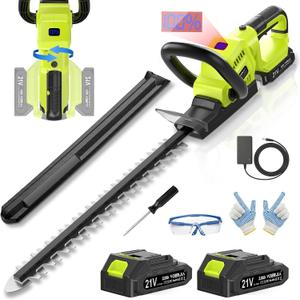 21V Hedge Trimmer Cordless with Battery, 20" Lightweight Electric Bush Trimmer, 2X 2.0Ah Batteries & LCD Display, 180 Rotating Handle, 3000RPM Dual-Action Blades, 2/3" Gap for Shrubs