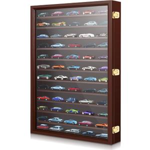 Tatuo Model Car Display Case 1/64 Scale Model Car Display Case Cabinet Rack 26.5" x 18.75" x 3.25" Large Diecast Wall Mounted for Toy Collection Decor(Walnut,with Door)
