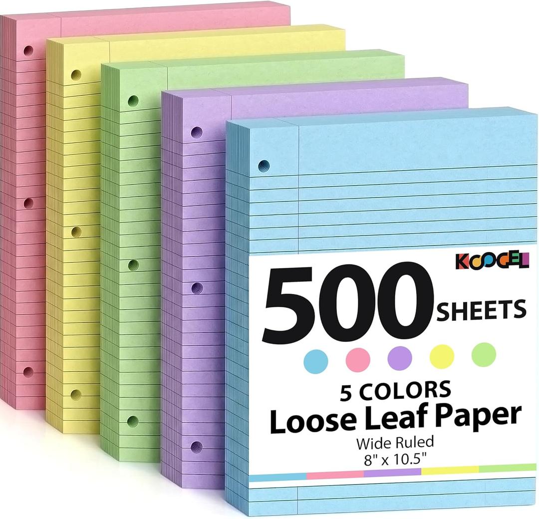 Koogel 500 Sheets Colored Filler Paper, 5 Colors 8 x 10-1/2 Inch Wide Ruled, 3-Hole Punched, Loose Leaf Notebook Paper for 3 Ring Binders, for Students & Office, School Supplies