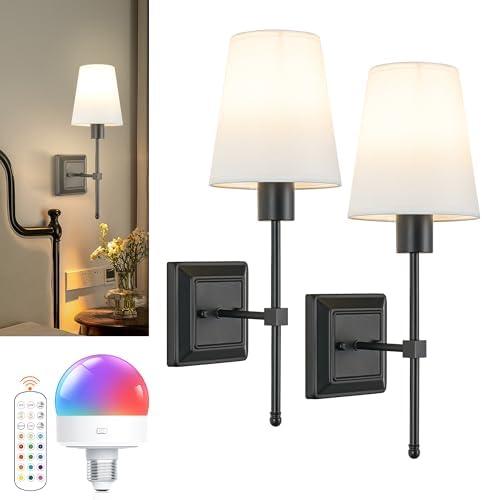 OYLYW Battery Operated Wall Sconce Light Set of 2, Rechargeable Wireless Black Wall lamp with Dimmable Remote Control, Indoor Wall Light with White Fabric Shade(RGB Bulb Included) - Amazon.com