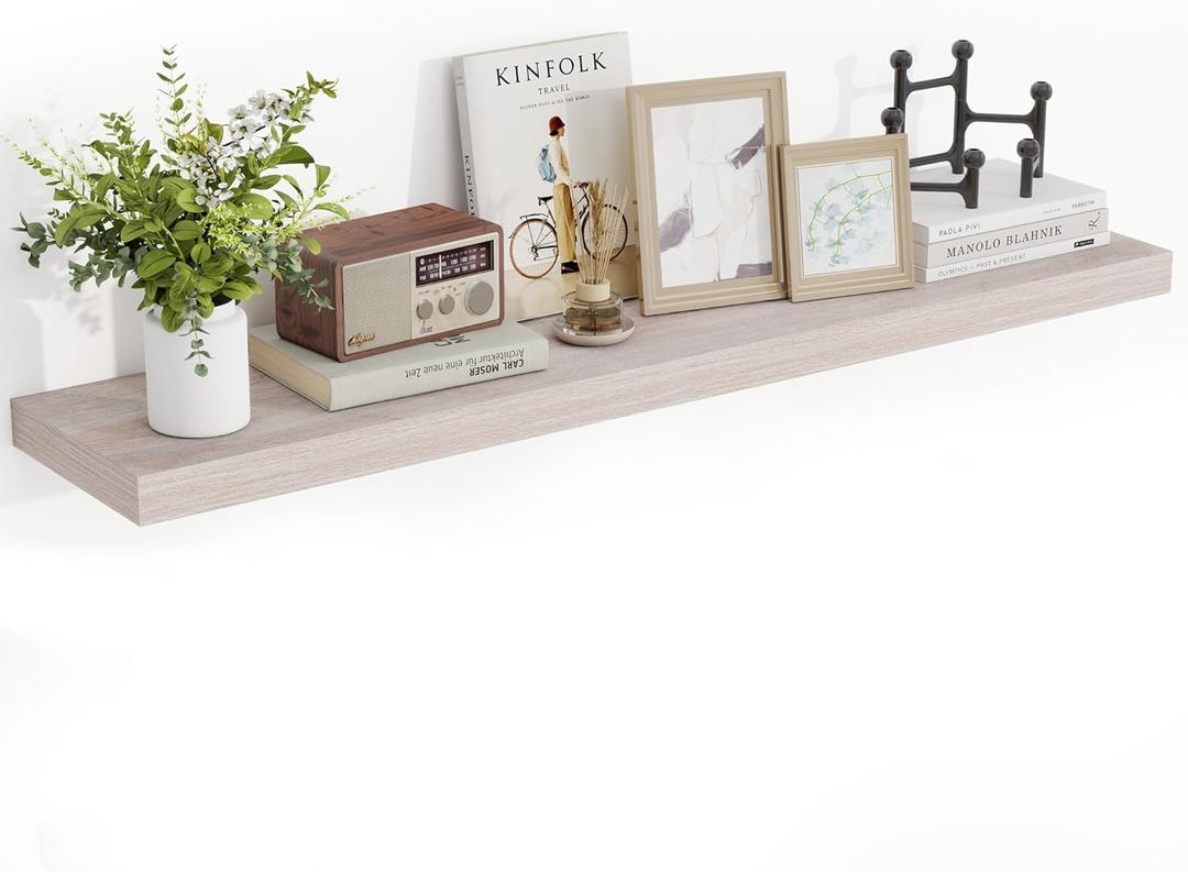 48 Inch Floating Shelves, 3D Textured Wood Grain, 48"x9.25"x1.5" Inch Deep Floating Shelves for Wall, Wooden Shelves for Bathroom, Bedroom, Living Room, Washed White
