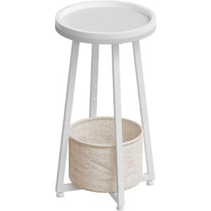 HOOBRO Small Round Side Table, 2-Tier Round Sofa End Table, Compact Nightstand with Fabric Storage Basket, for Small Space, Living Room, Bedroom, Dorm, White and Beige WW183BZ01