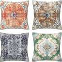 4pcs Orange Blue Ethnic Boho Pillow Covers, Vintage Rust Coral Floral Decorative Pillow Cases for Living Room Bedroom Bed Cushion Outdoor Home Decor, 18x18 Pillows Linen Pillowcase