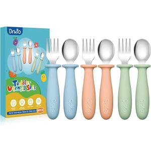 4 x DRKIO 6 Pieces Toddler Utensils Set - Kids Silverware Set with Silicone Handle Children Safe 18/8 Stainless Steel Forks and Spoons Anti-Choke Design Food Grade Dishwasher Safe (Blue/Pink/Green)